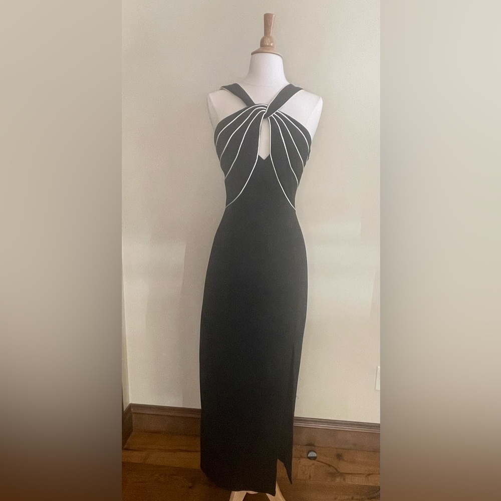 Vintage 1993 Lew Magram New York Long Black Evening Dress with White Piping.
